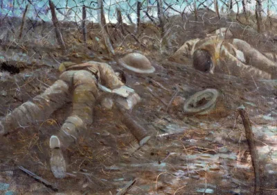 Painting of two dead soldiers lying on a battlefield in World War One